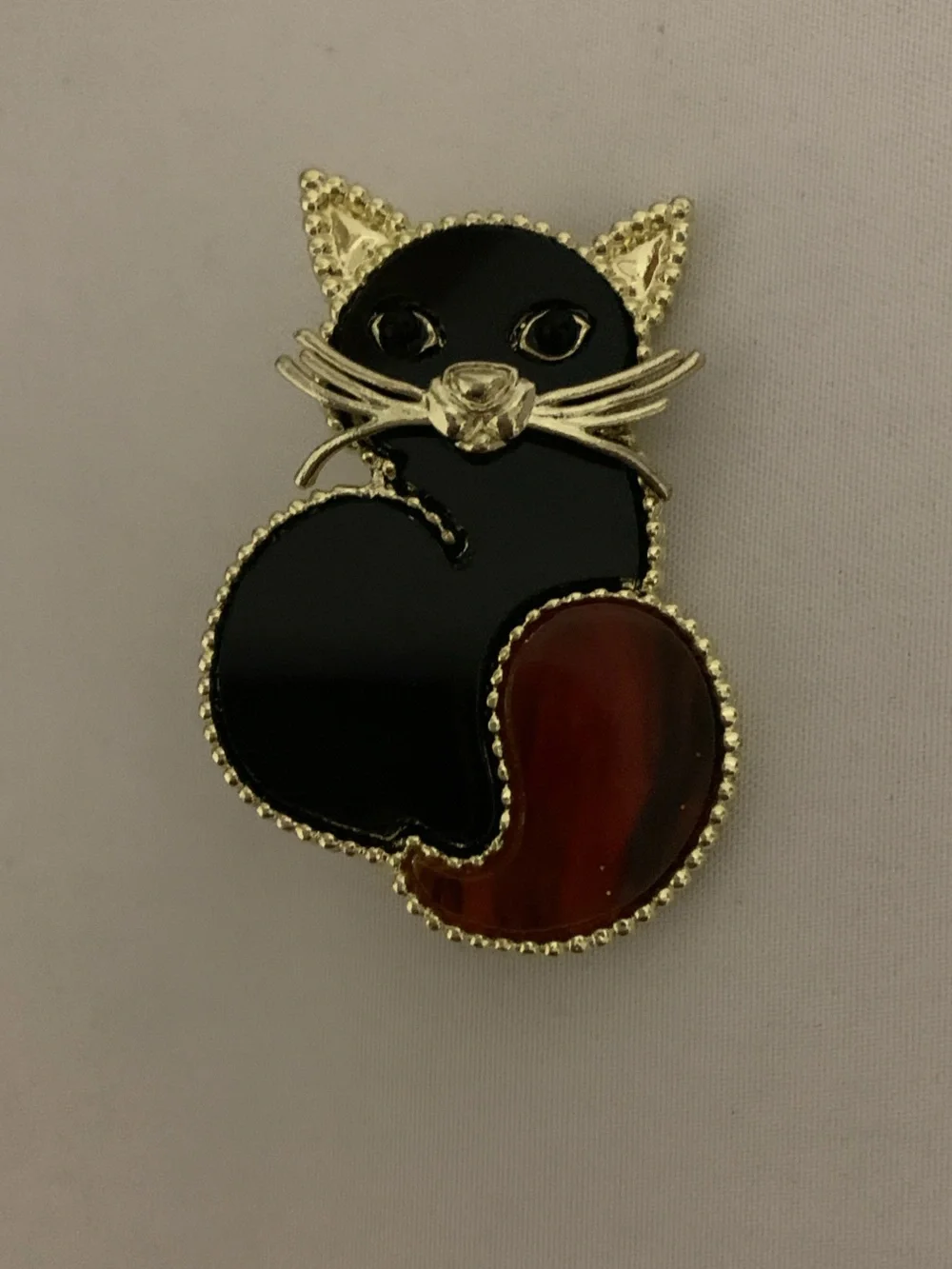 Gold-Tone Black and Brown Cat Enamel Brooch